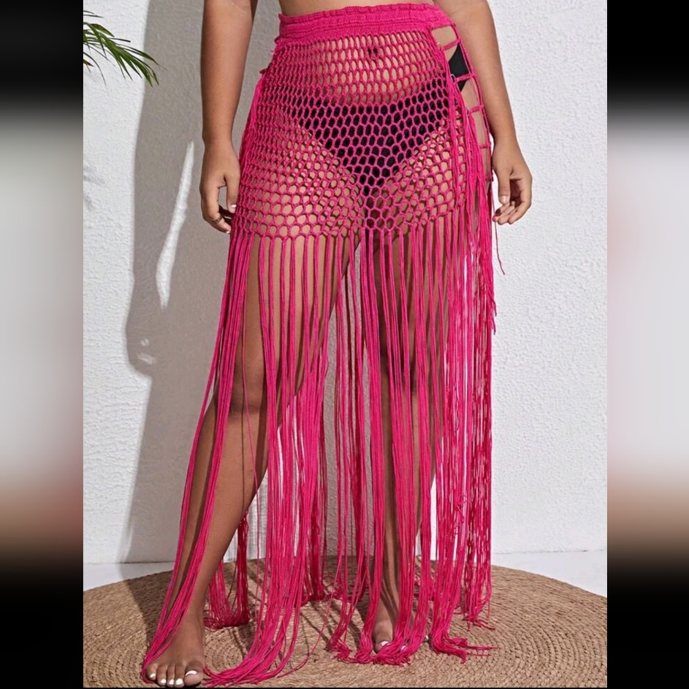 Pink Crochet Fringe Swimsuit Cover up Skirt - Picture 5 of 13